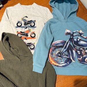 Boys Blue Motorcycle Graphic Ling sleeve T, Hoodie and Green Knit Sweater